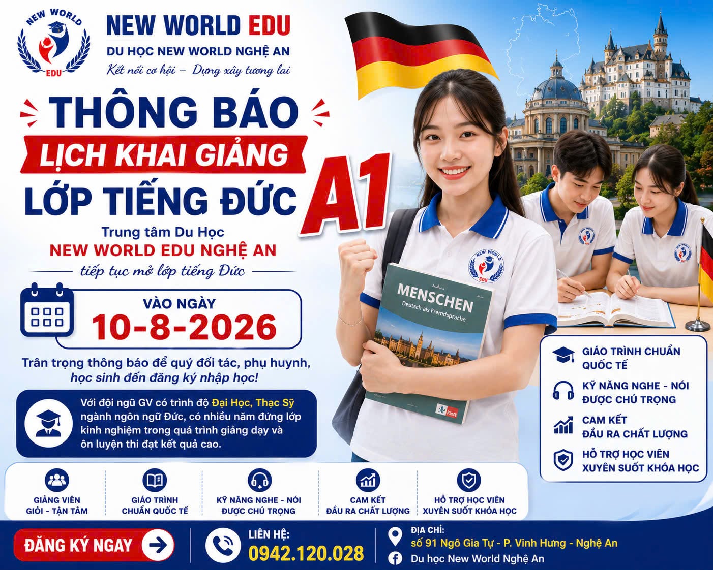 THÔNG BÁO LỊCH KHAI GIẢNG LỚP TIẾNG ĐỨC A1
